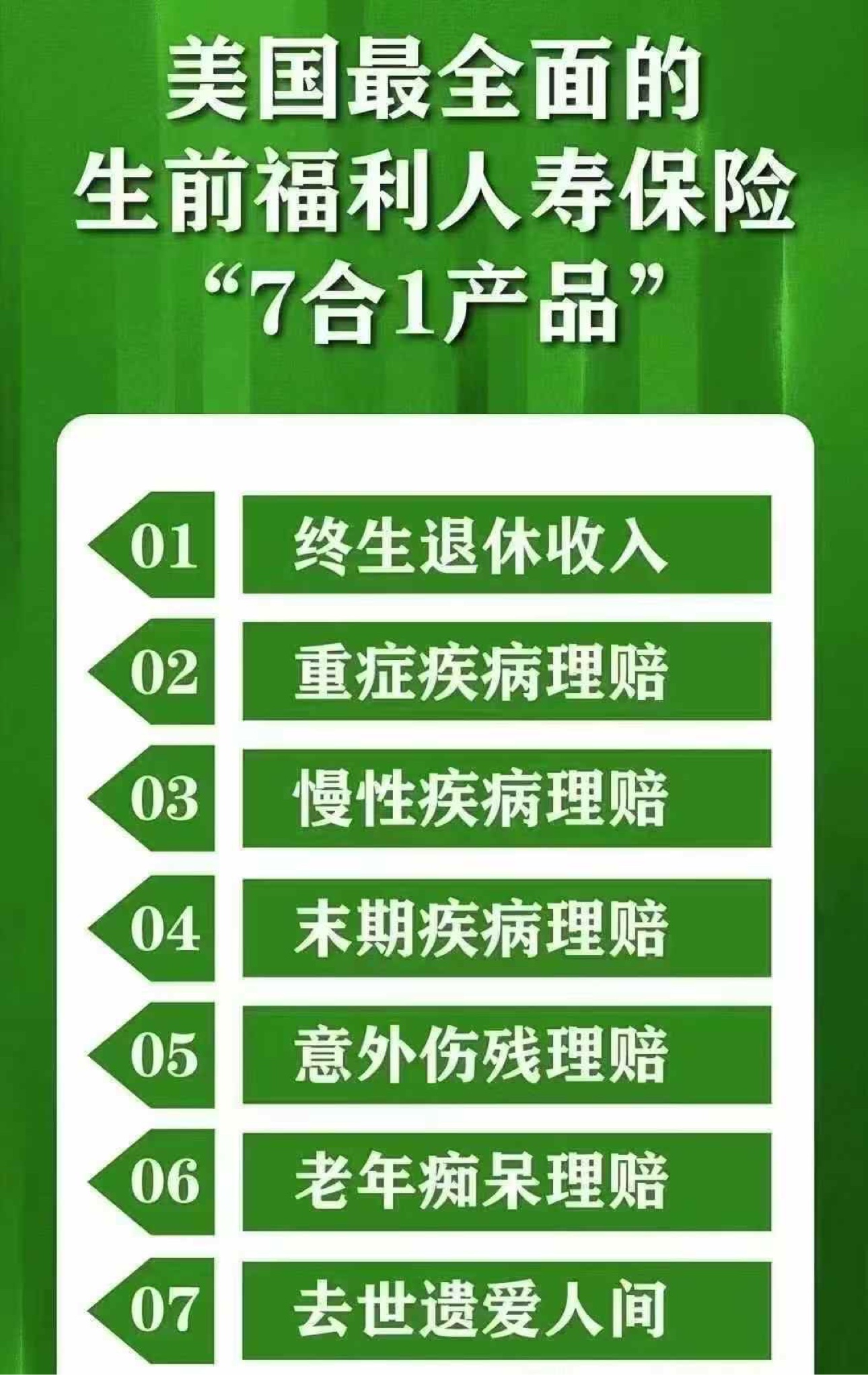 美国最全面的生前福利人寿保险「7合1产品」海报 — 终生退休收入、重症疾病理赔、慢性疾病理赔、末期疾病理赔、意外伤残理赔、阿尔茨海默症（老年痴呆）理赔、去世遗爱人间